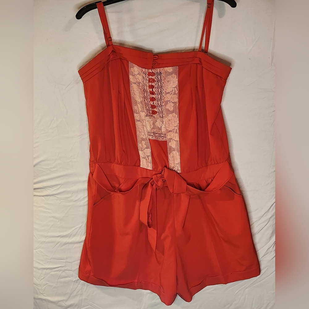 Red Lace-Trim Romper Jumpsuit with Tie Waist